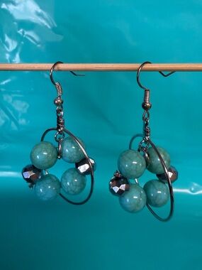 Turquoise Blue Beaded Silver Tone Hoop Dangle Earrings Boho Statement